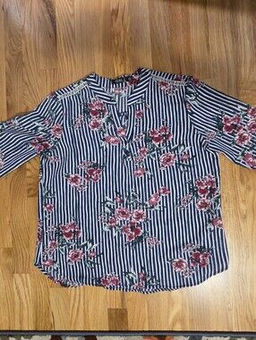 Cure. Striped Navy Floral Button-Up Blouse